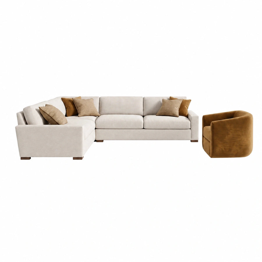 Cream Fabric Sectional Sofa with Brown Accent Chair