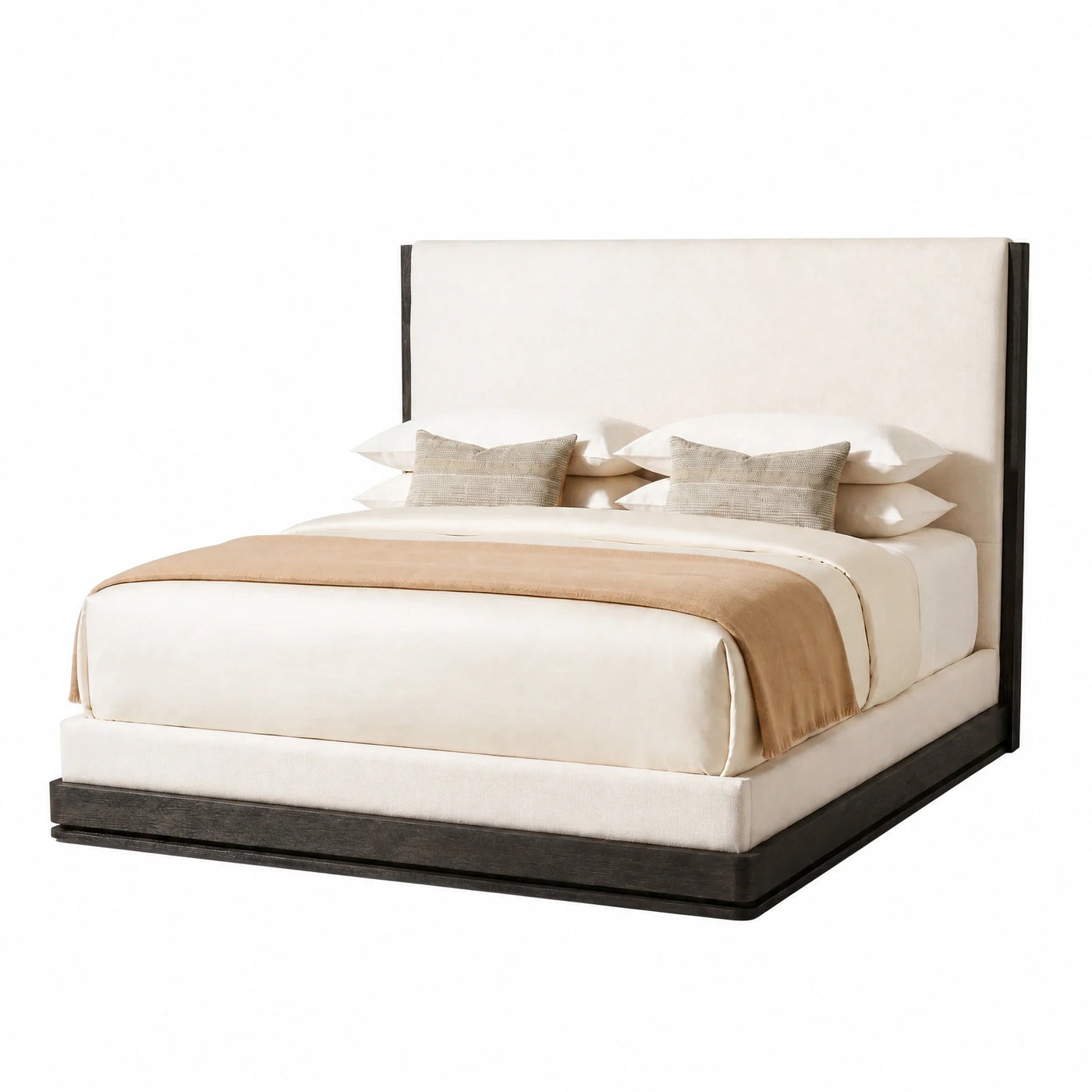 Cream Upholstered Platform Bed with Dark Wood Frame
