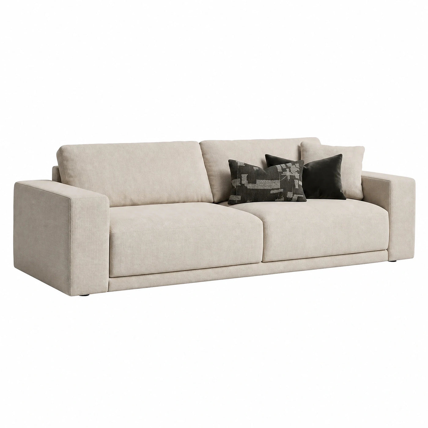 Beige Fabric Sofa with Wide Armrests and Cushions