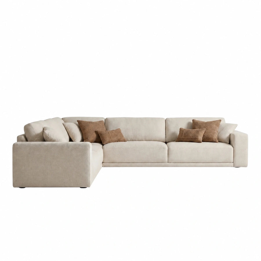 Beige Fabric L-Shaped Sectional Sofa with Throw Pillows