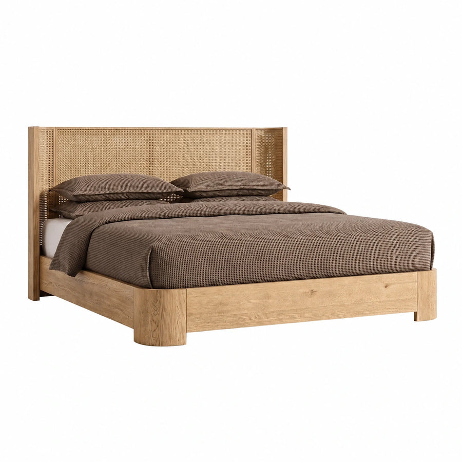 Light Oak Wood Bed with Rattan Headboard