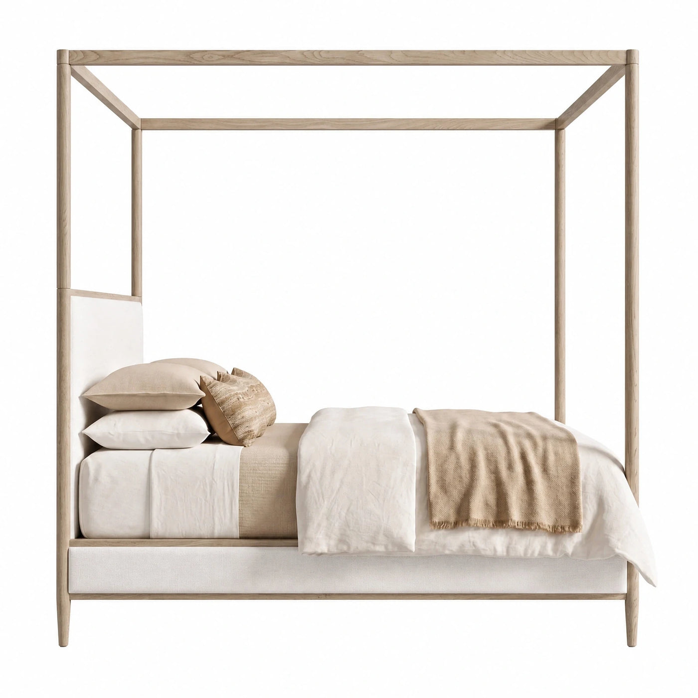 Light Wood Four-Poster Bed with Upholstered Base