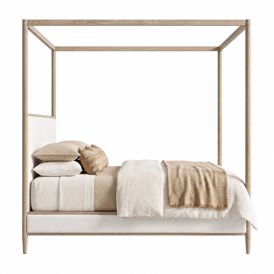 Light Wood Four-Poster Bed with Upholstered Base