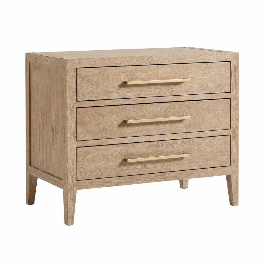Light Oak Wood Three Drawer Nightstand with Gold Handles