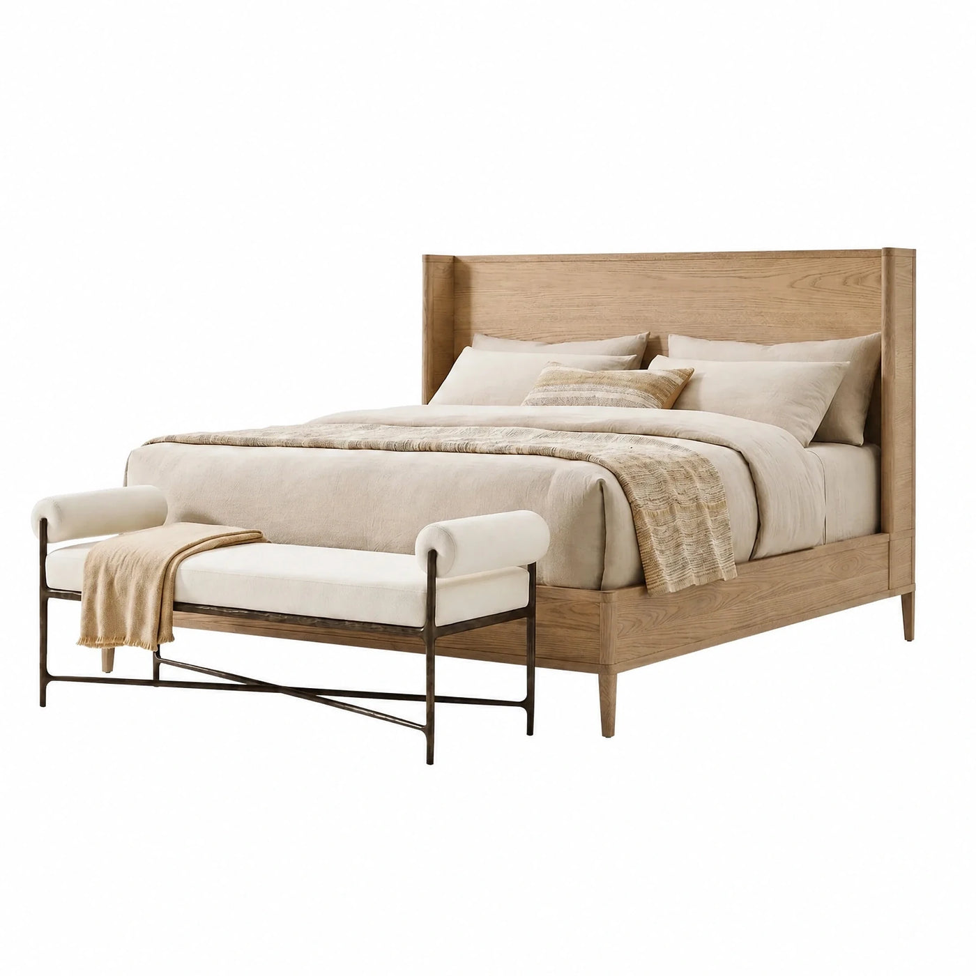 Light Oak Wood Platform Bed with Bench