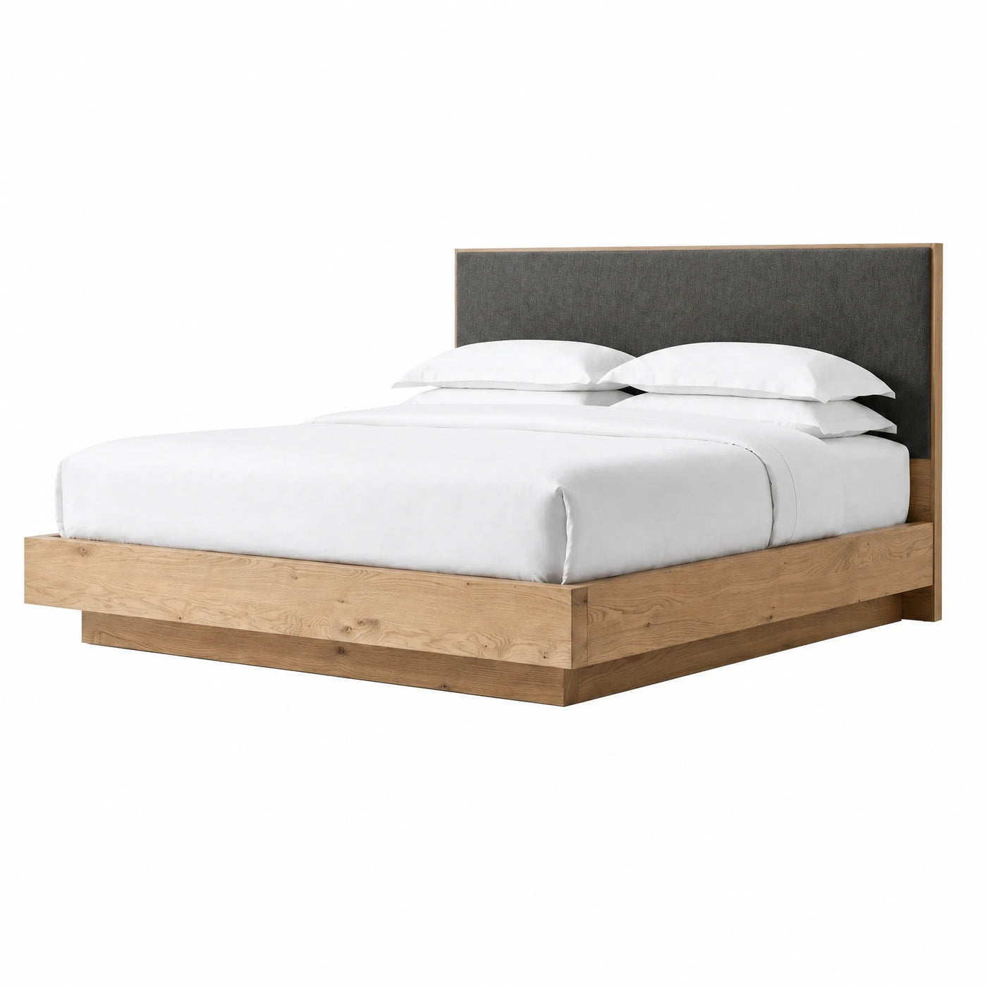 Modern Oak Wood Platform Bed with Grey Upholstered Headboard