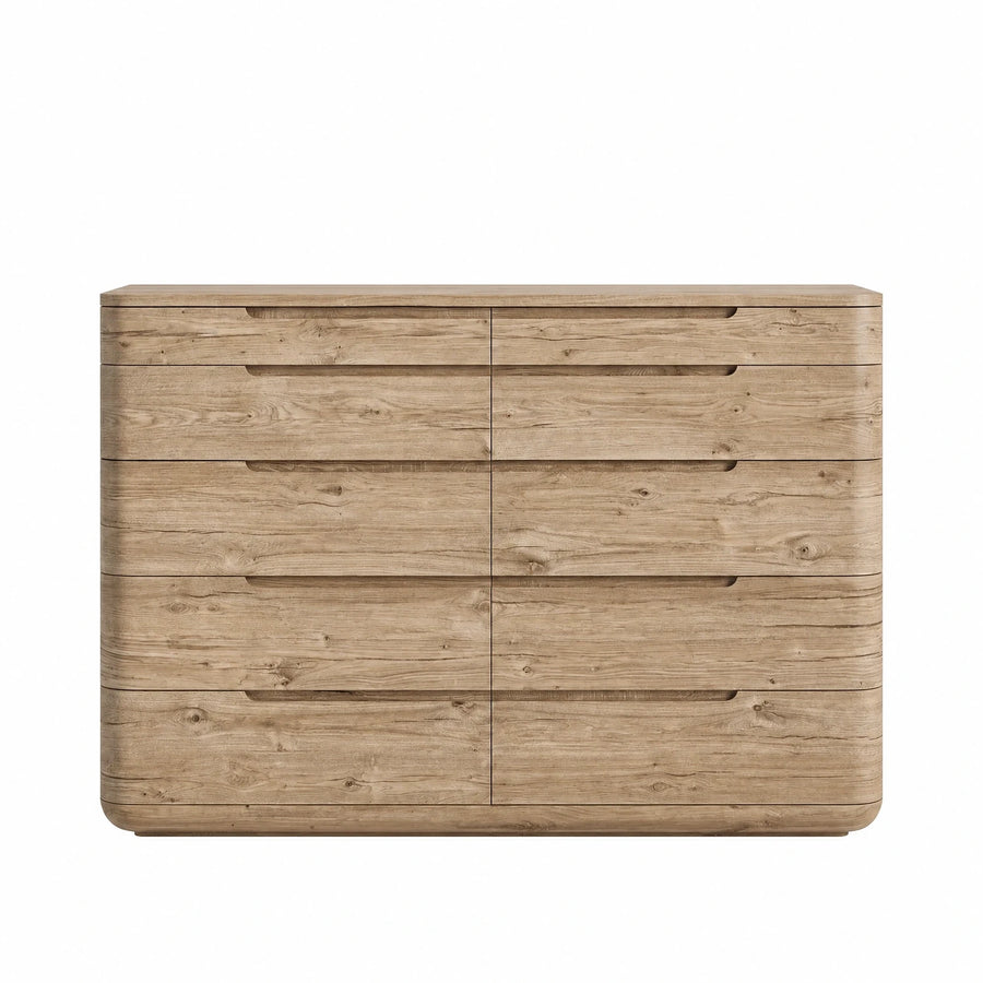 Light Oak Wood 10-Drawer Dresser with Rounded Corners