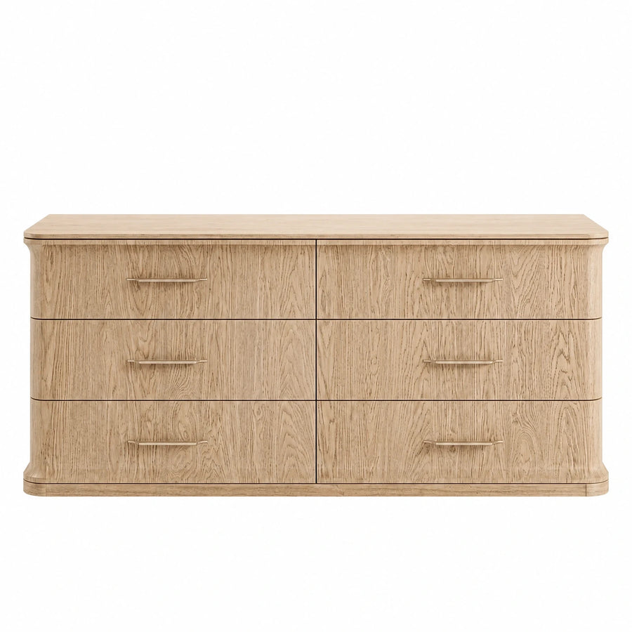 Light Oak Wood Six-Drawer Dresser with Metal Handles