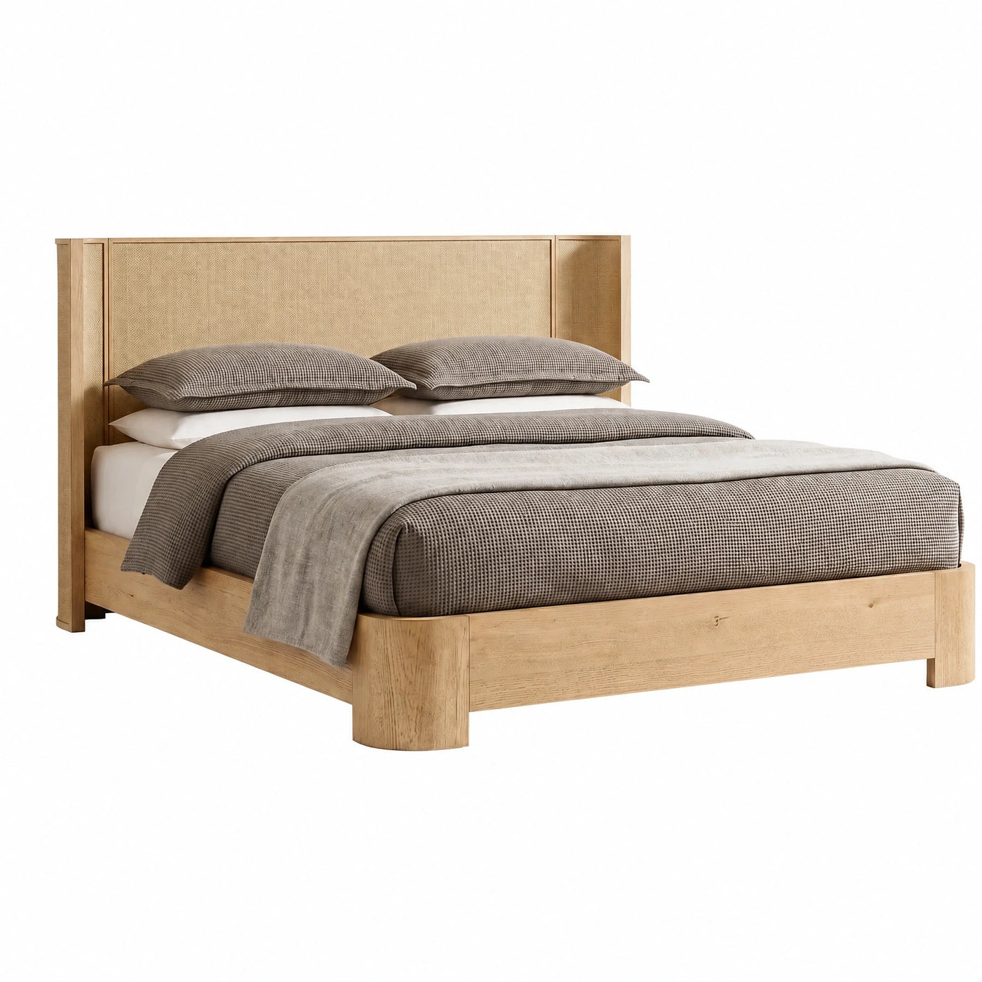 Light Wood Platform Bed with Woven Headboard