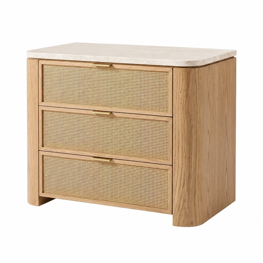 Light Oak Rattan Nightstand with Marble Top