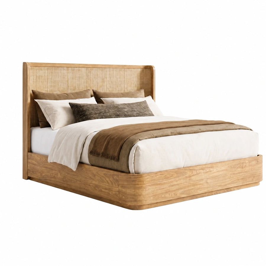 Wooden Bed Frame with Rattan Headboard