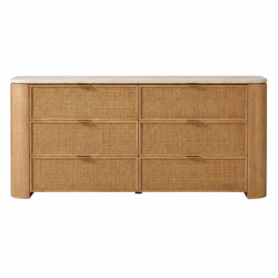 Rattan Front Six Drawer Dresser with Stone Top