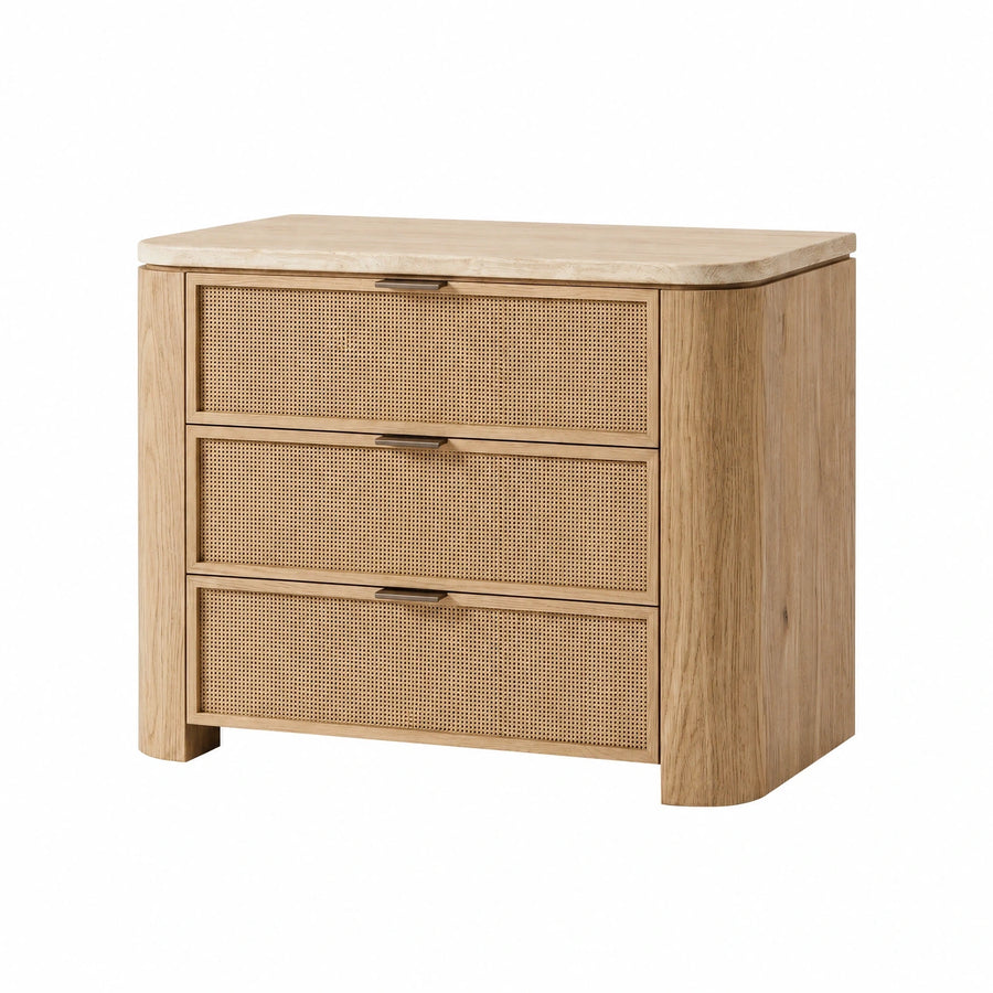 Light Oak Wood Three-Drawer Chest with Rattan Fronts