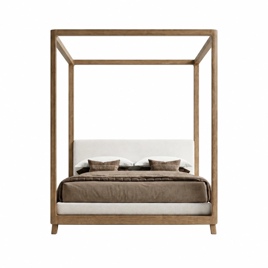 Modern Wooden Canopy Bed with Upholstered Headboard