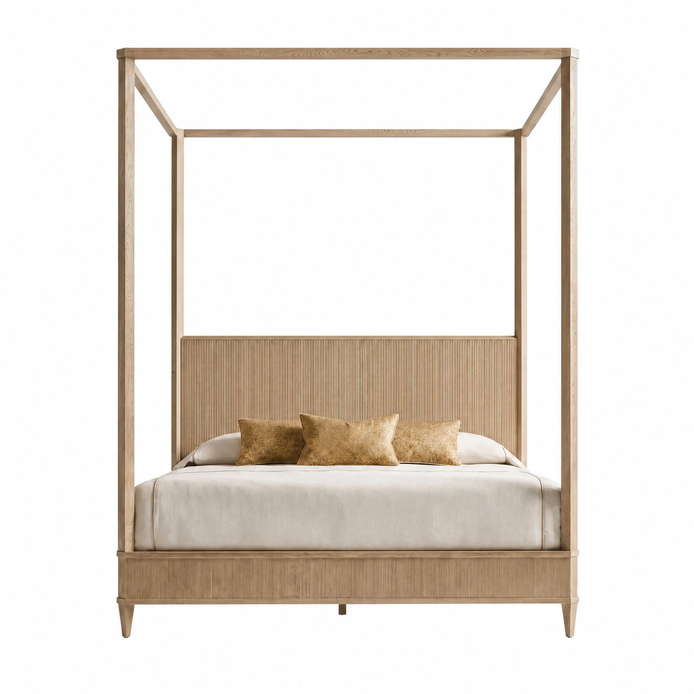 Light Wood Four-Poster Bed with Fluted Headboard