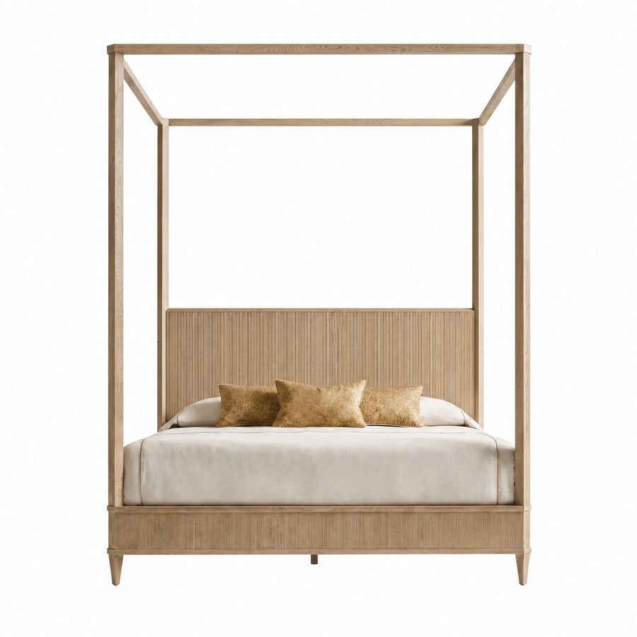 Light Wood Four-Poster Bed with Fluted Headboard