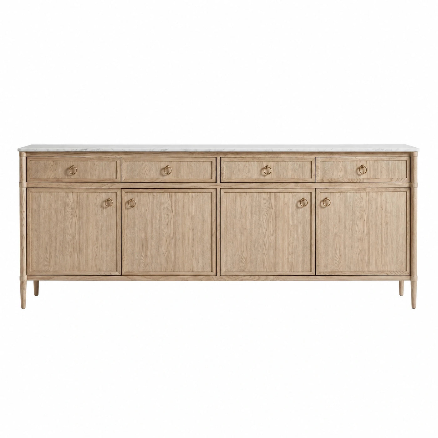 Light Oak Wood Sideboard with Marble Top and Brass Ring Pulls