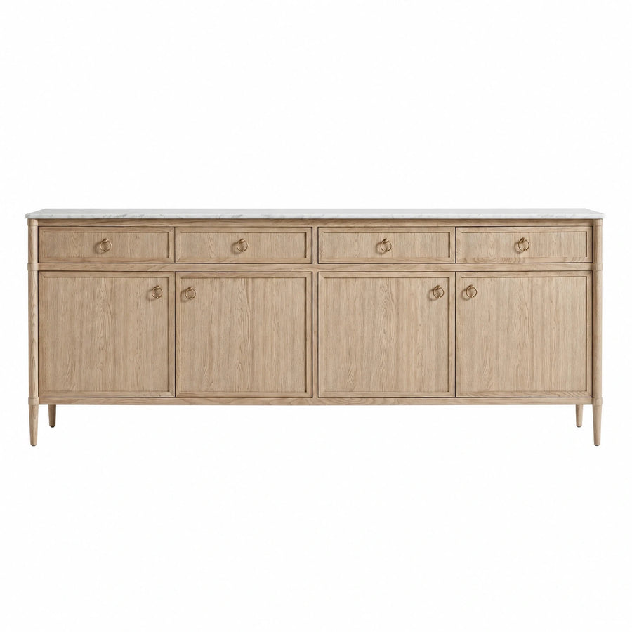 Light Oak Wood Sideboard with Marble Top and Brass Ring Pulls