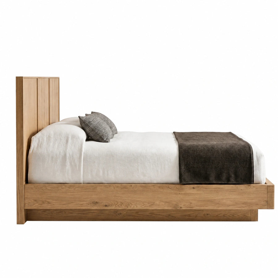 Modern Oak Wood Platform Bed with Tall Headboard