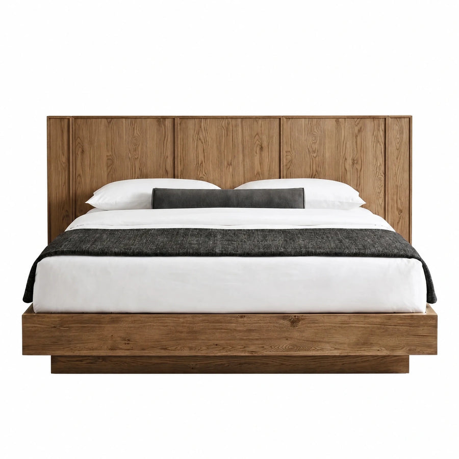 Walnut Wood Platform Bed with Tall Paneled Headboard