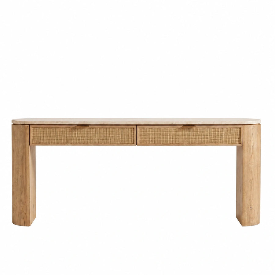 Light Wood Console Table with Rattan Drawers