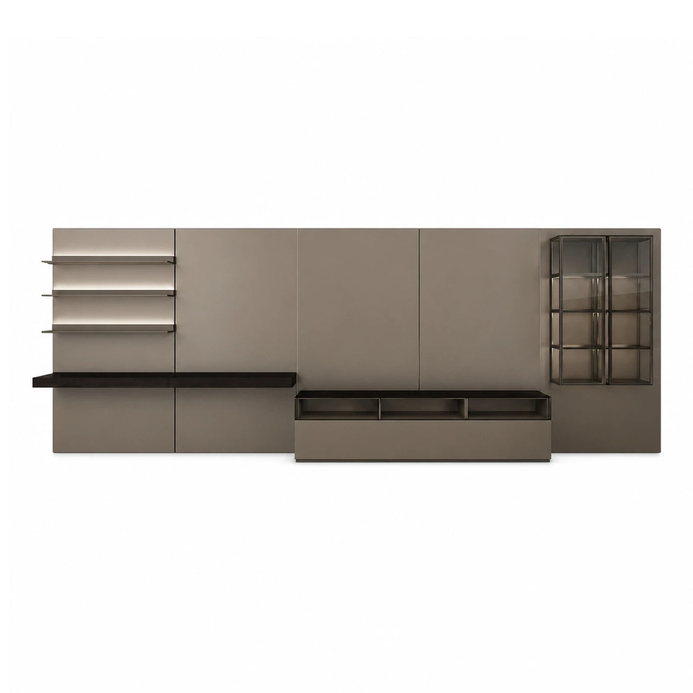 Modern Grey Wall Unit with Glass Cabinet and Shelves