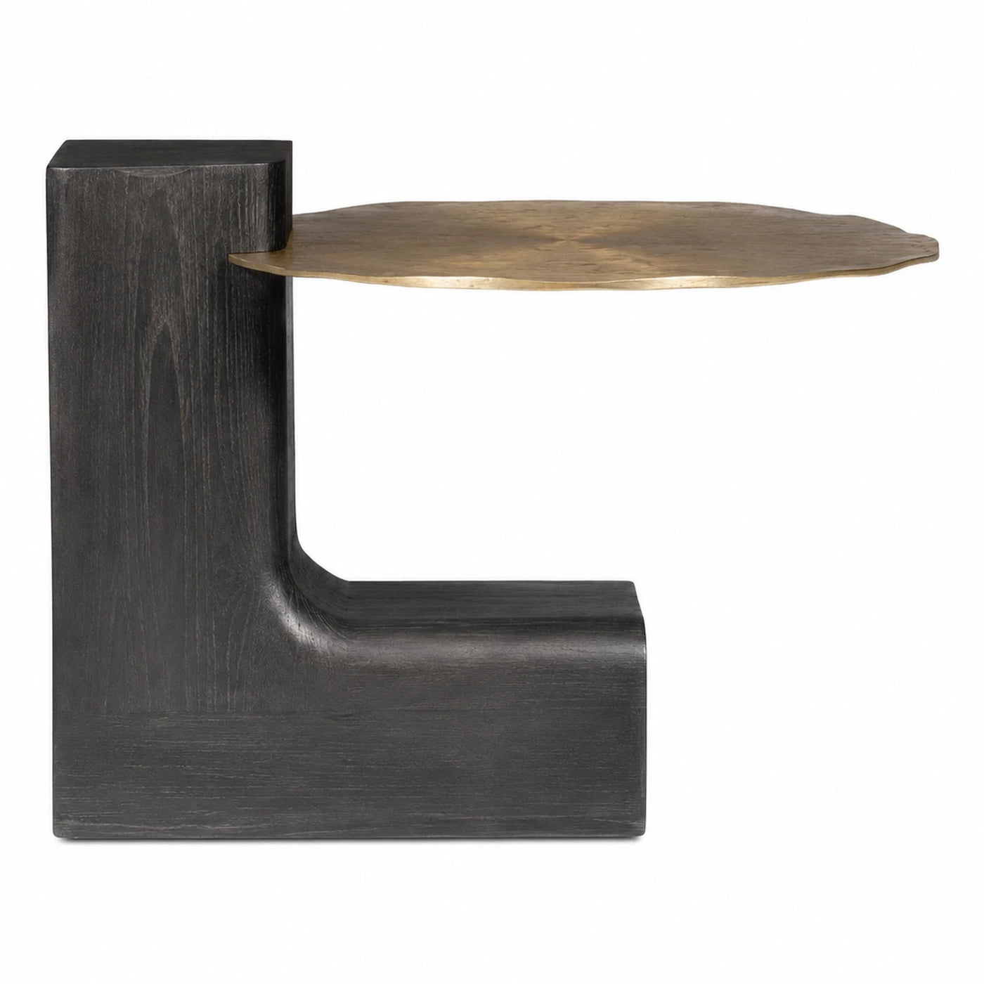 Dark Wood L-Shaped Side Table with Brass Top