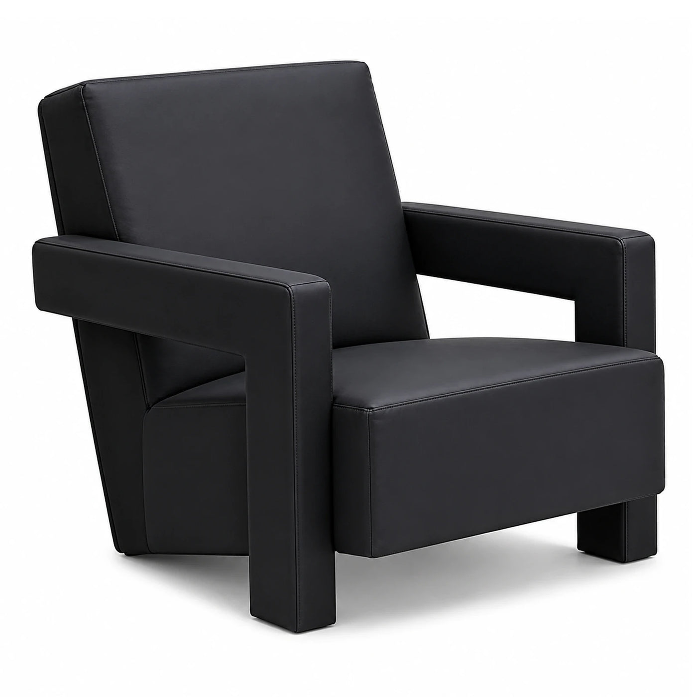 Black Leather Armchair with Wide Block Arms