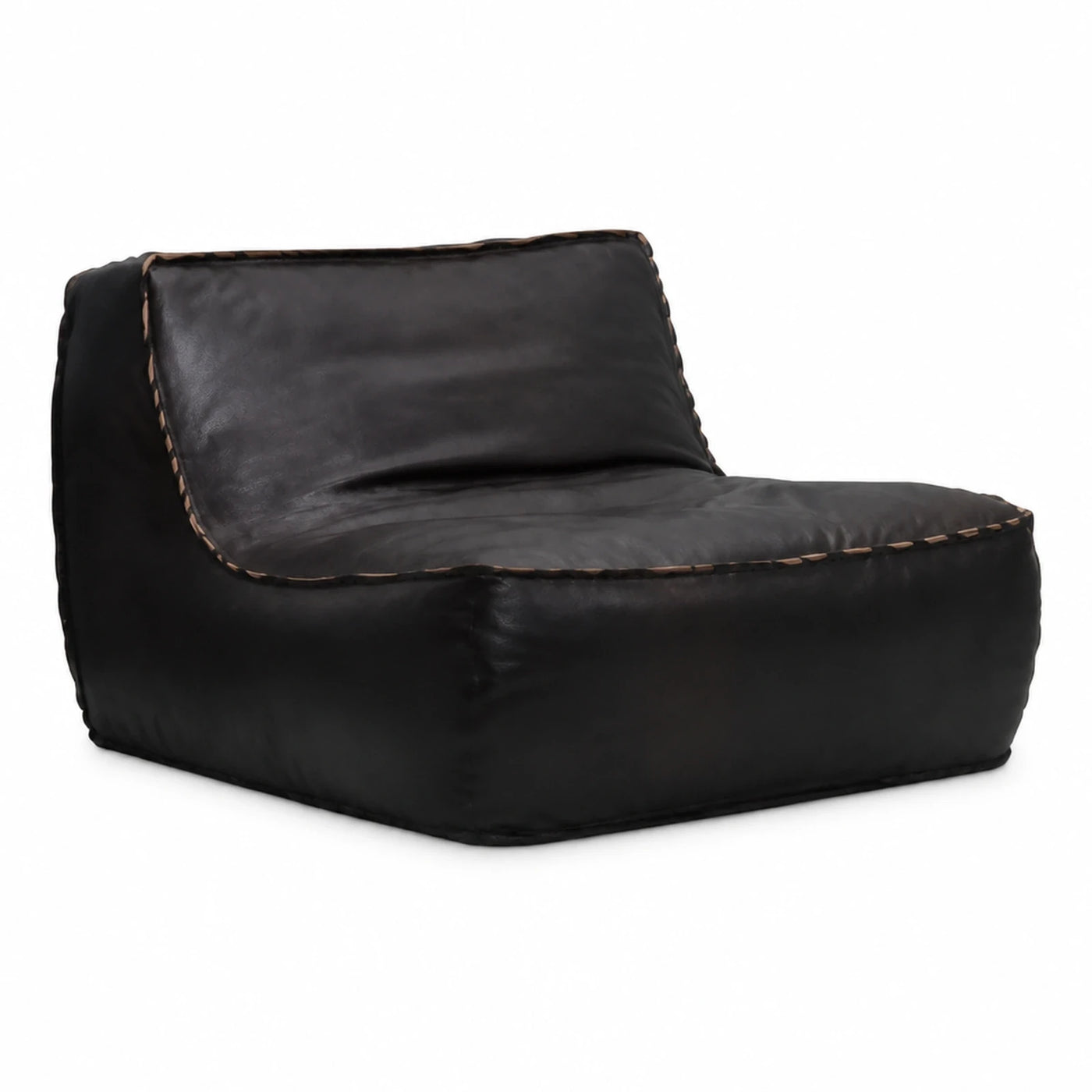 Black Leather Floor Lounge Chair with Contrast Stitching