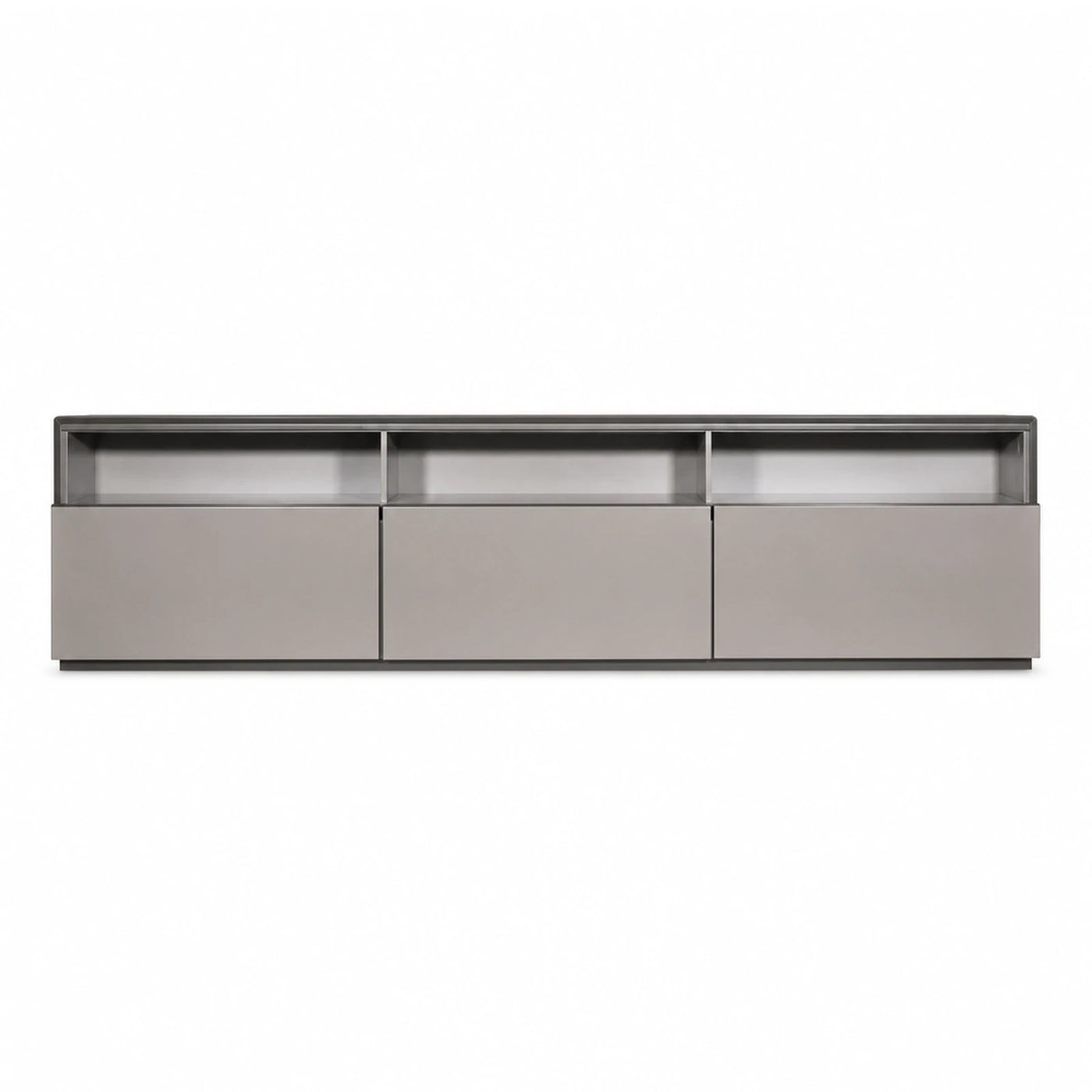 Grey Open Shelf Media Console with Modern Frame