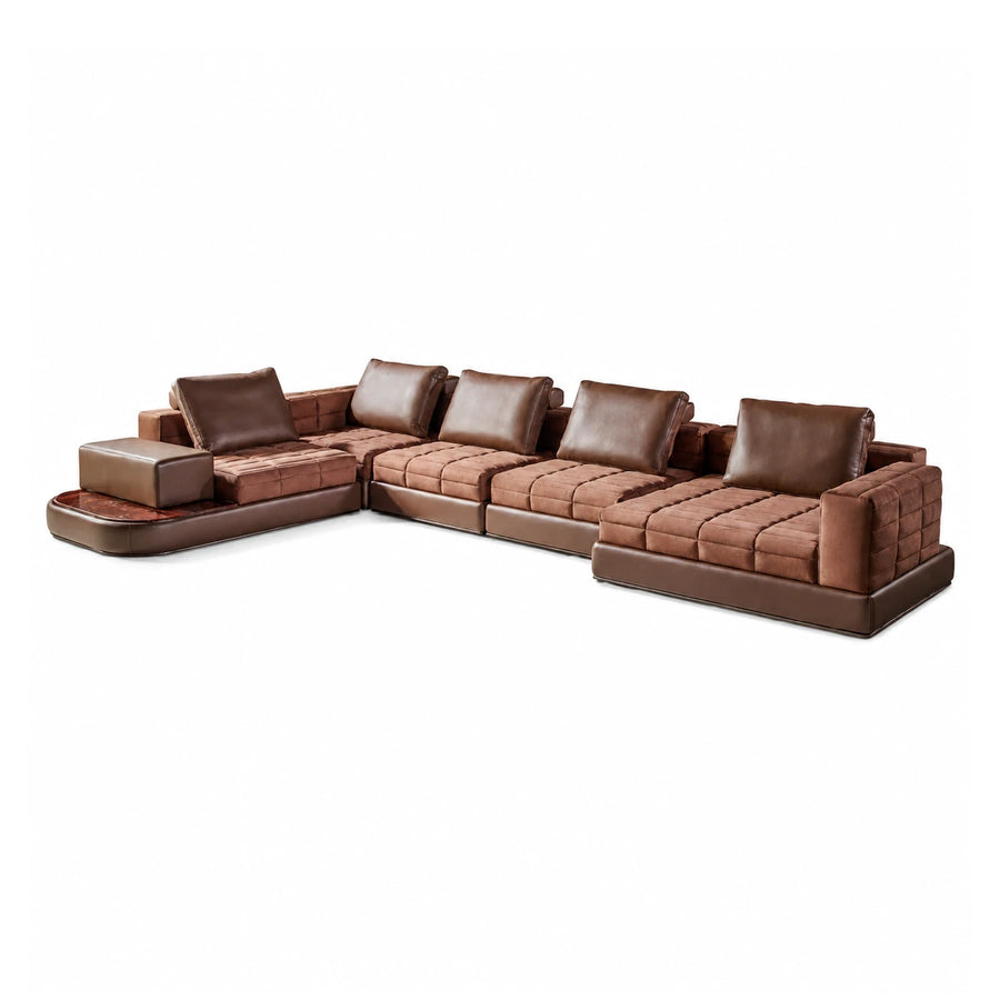 Brown Leather Modular Sectional Sofa with Tufted Cushions