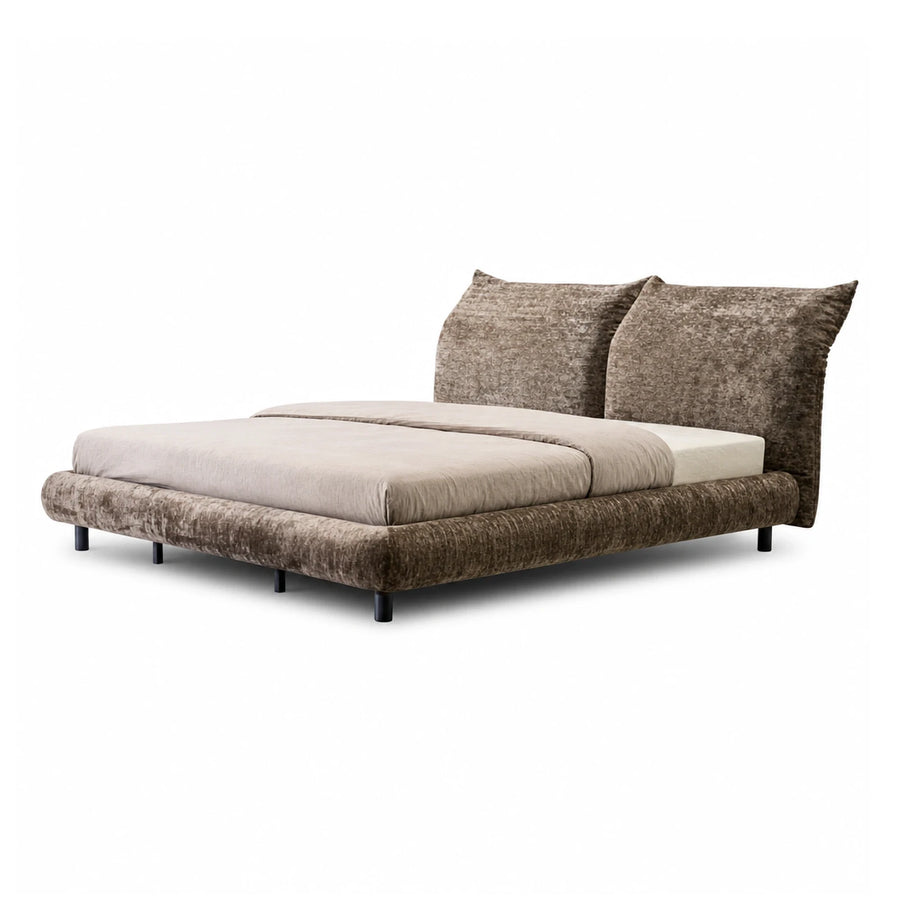 Brown Velvet Upholstered Platform Bed with Pillows