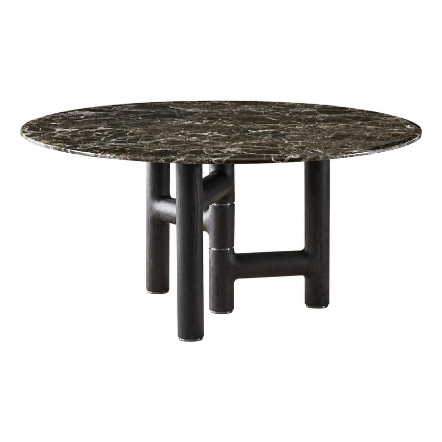 Round Dark Marble Top Dining Table with Black Wood Base