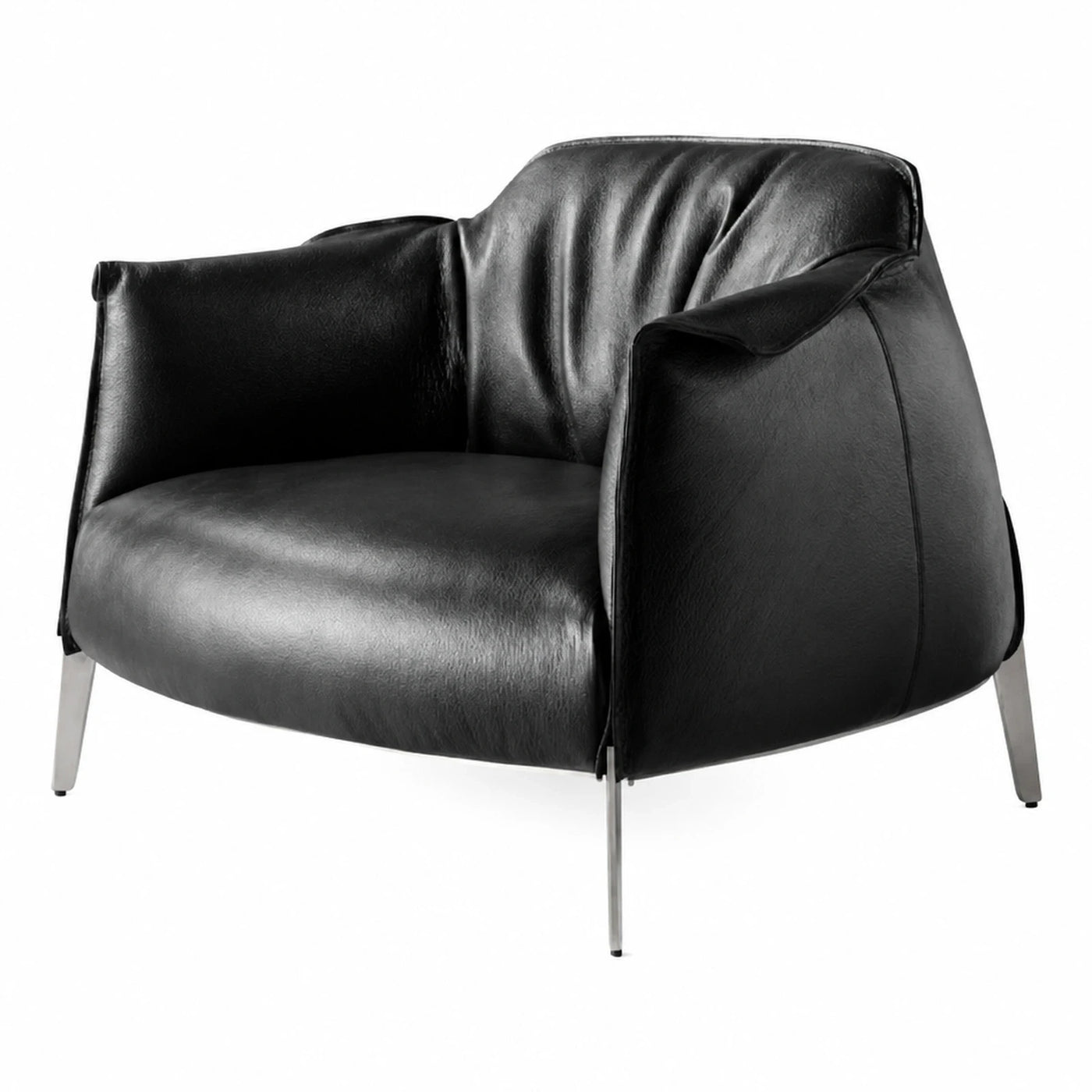 Black Leather Armchair with Metal Legs