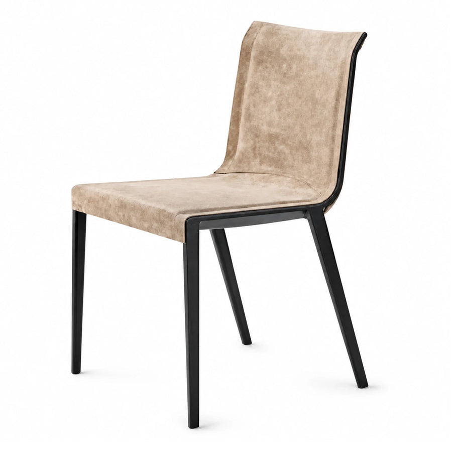 Beige Velvet Upholstered Dining Chair with Black Metal Legs