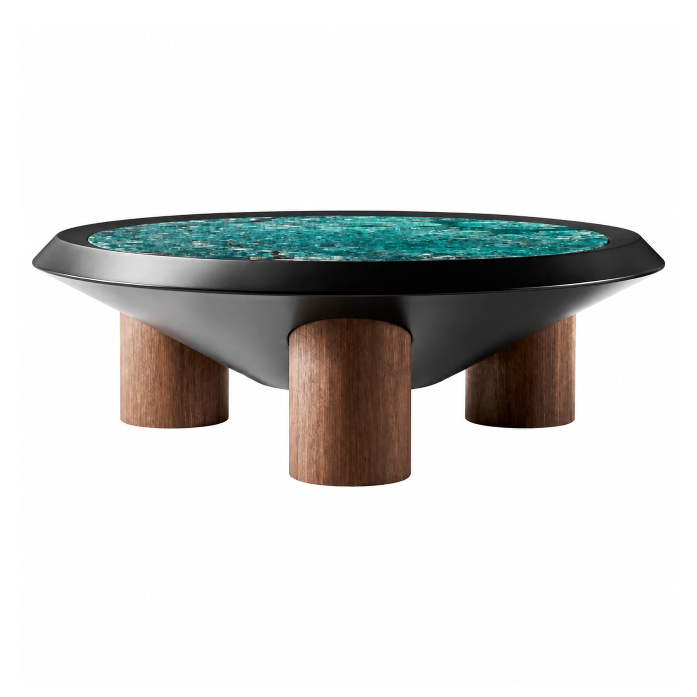 Round Coffee Table with Teal Stone Top and Wood Legs