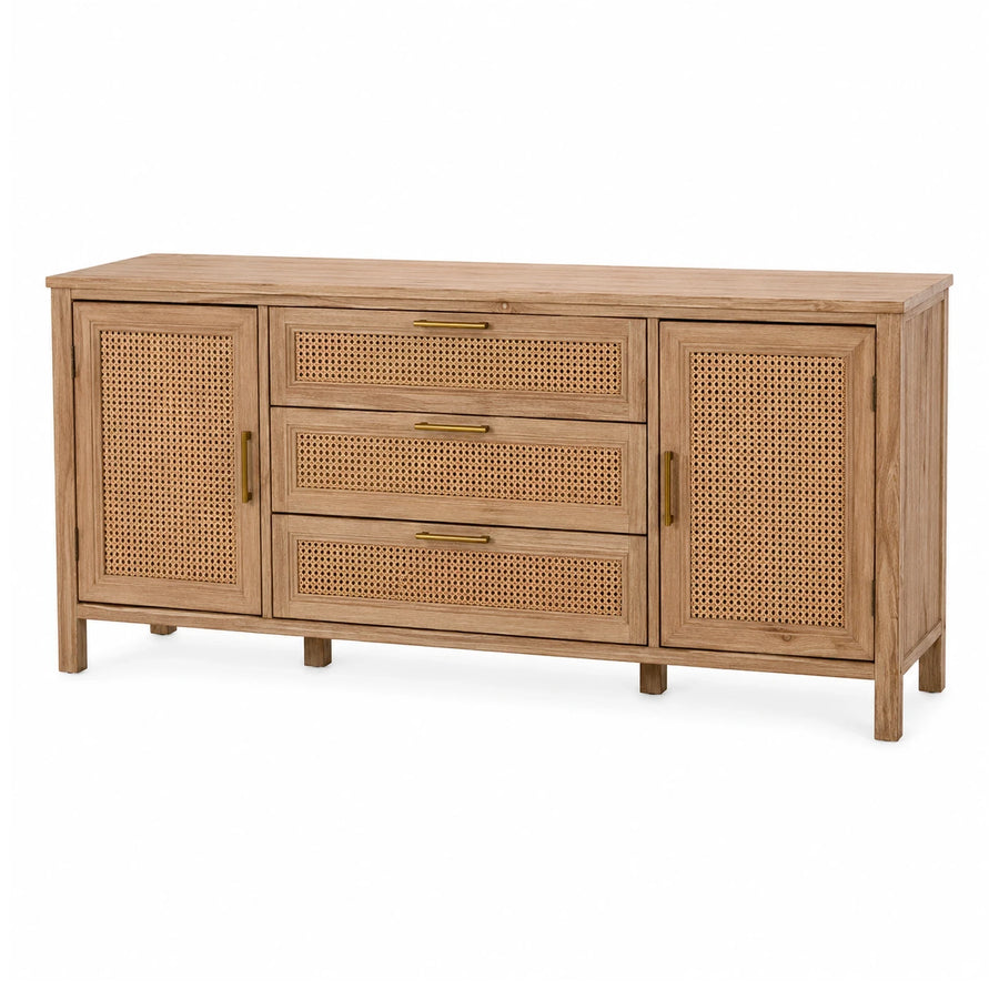 Light Wood Rattan Sideboard with Gold Handles