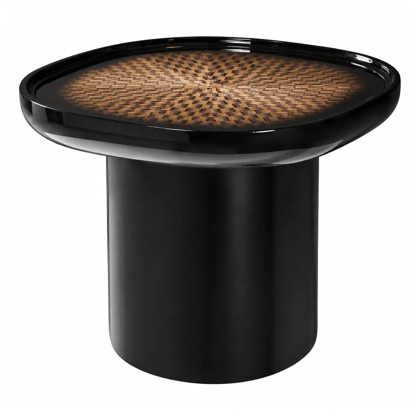 Black Round Side Table with Woven Rattan Top