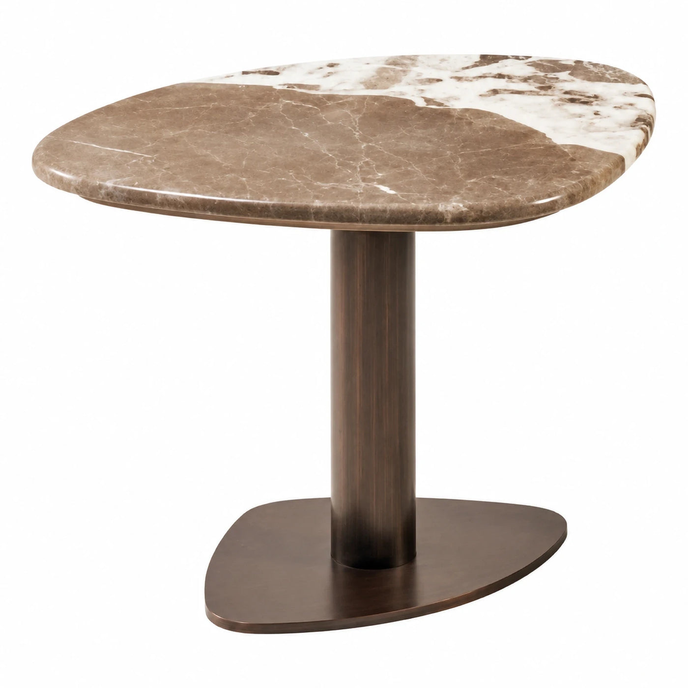 Triangular Marble Top Side Table with Bronze Base