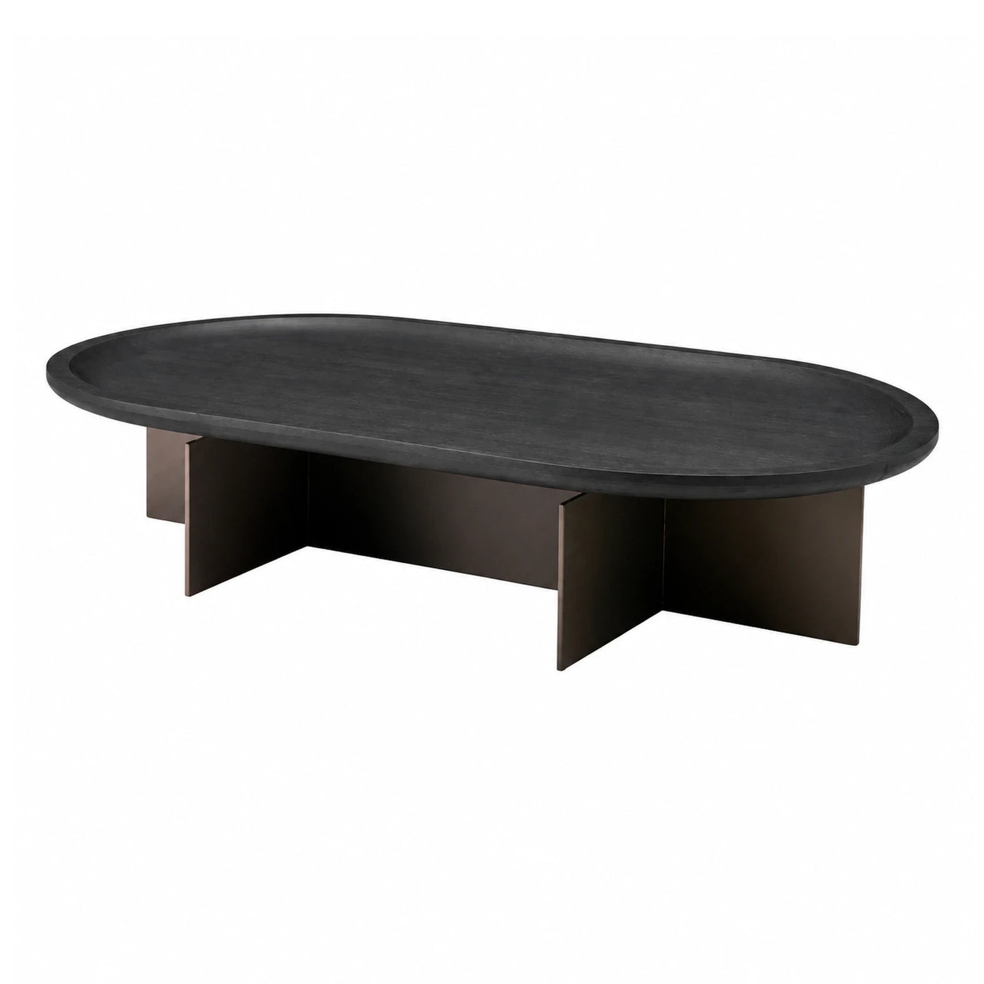 Oval Black Stone Coffee Table with Metal Base