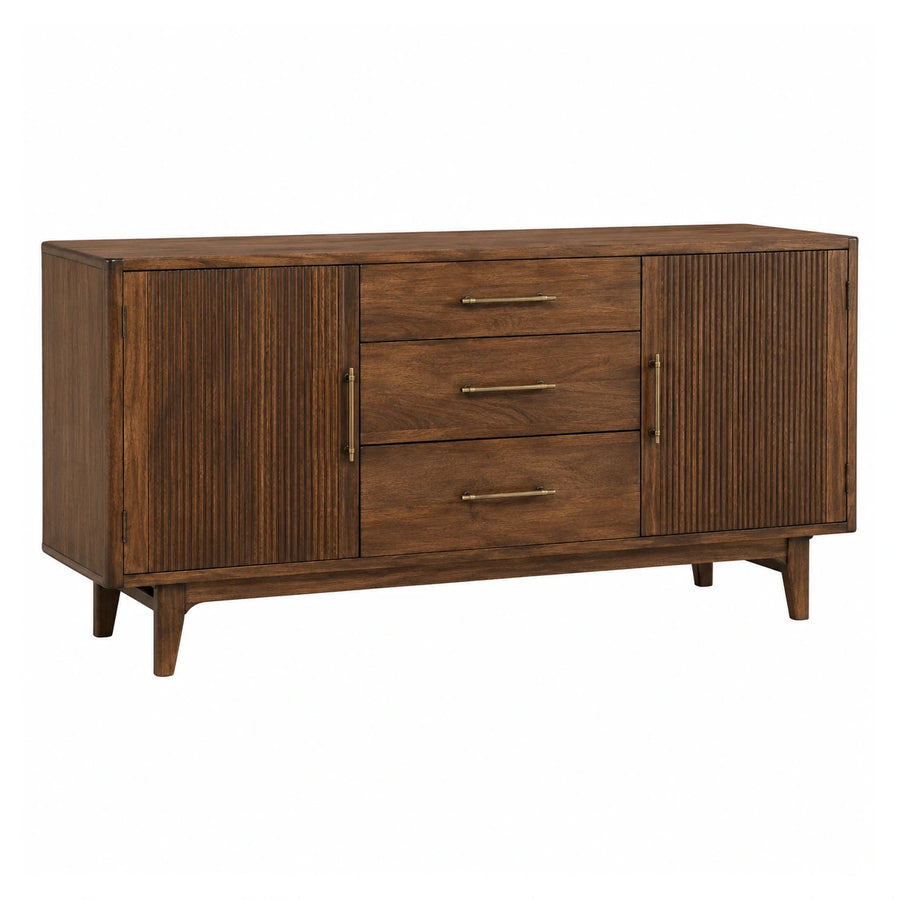 Walnut Wood Sideboard with Fluted Doors and Brass Handles