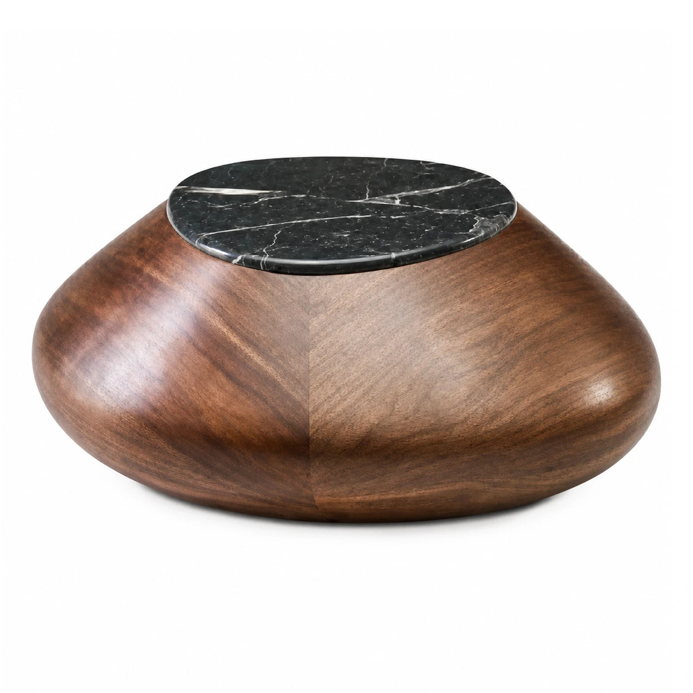 Round Wood Coffee Table with Black Marble Top