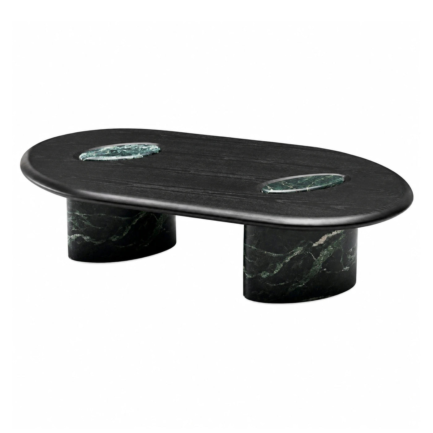 Oval Black Coffee Table with Green Marble Inlays