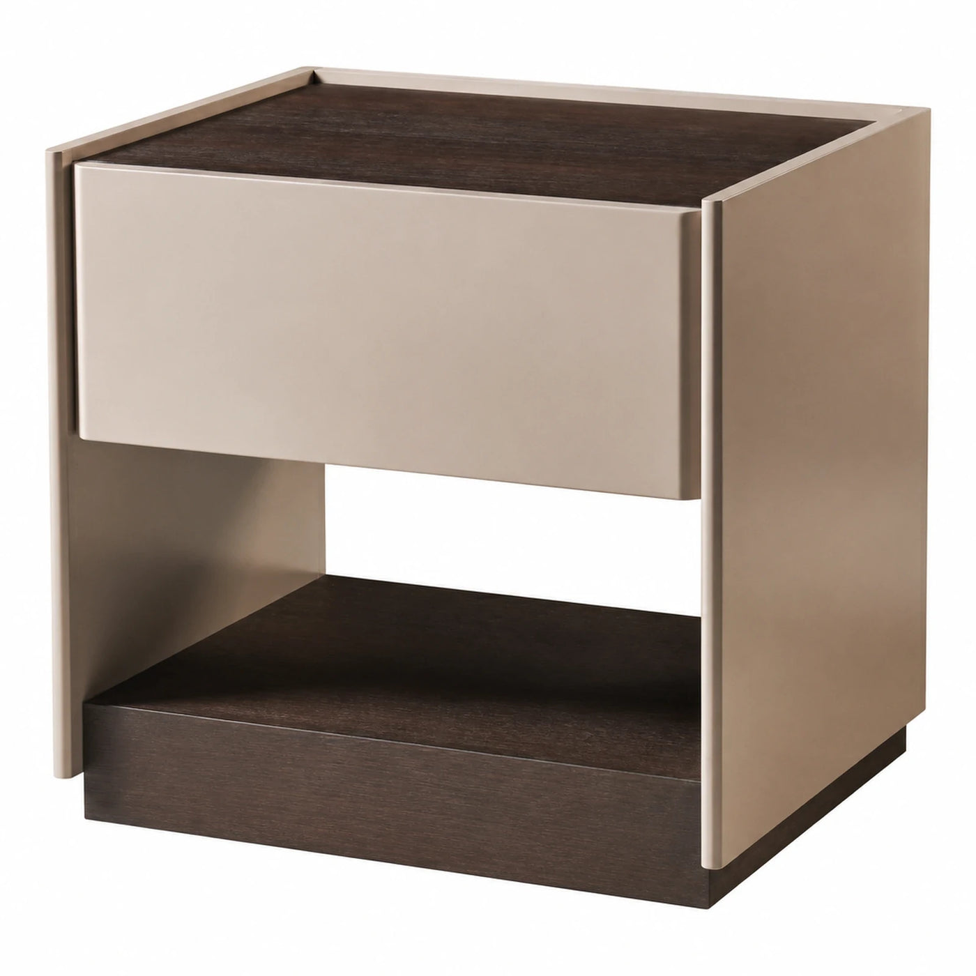 Modern Beige Nightstand with Dark Wood Drawer and Shelf