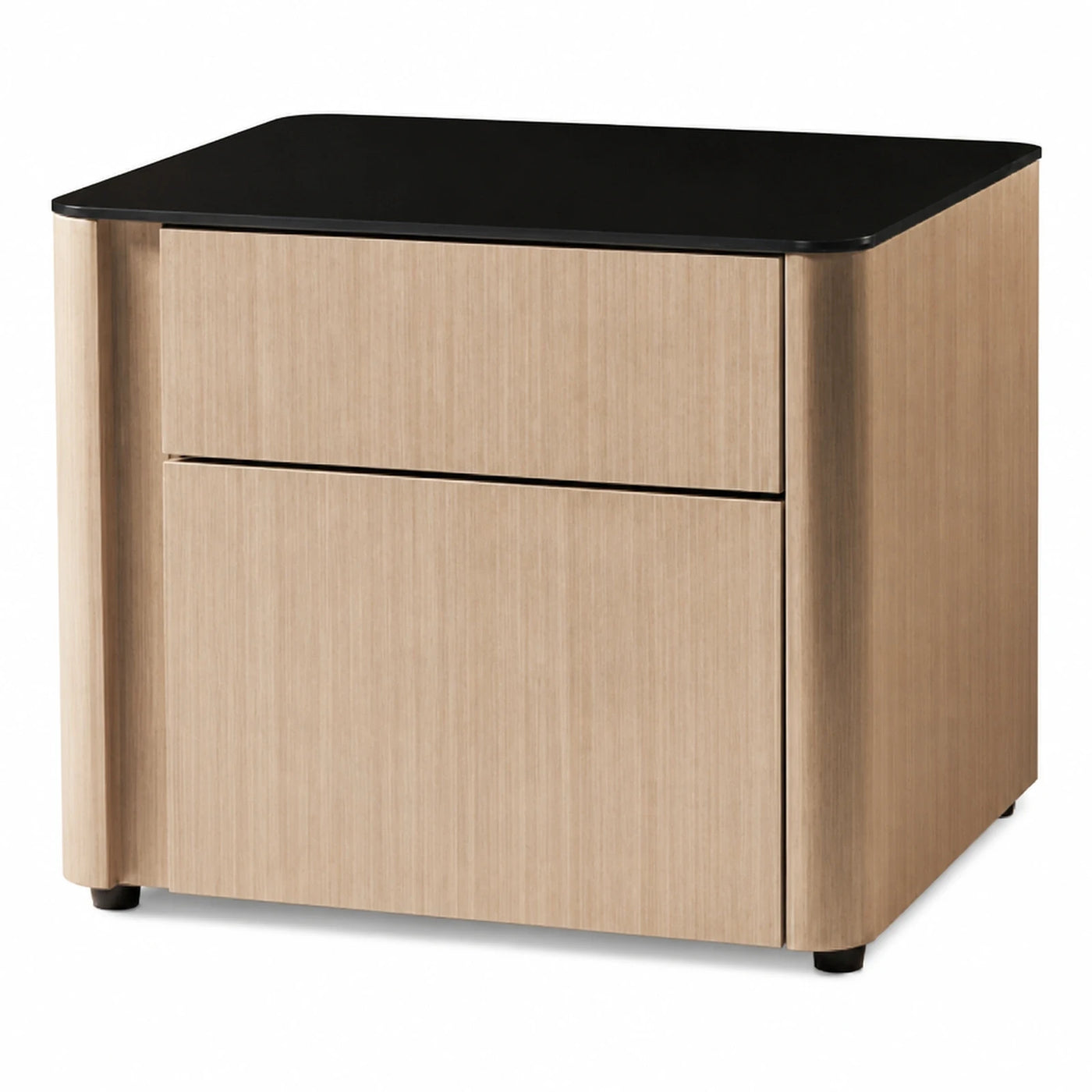Light Wood Two-Drawer Nightstand with Black Top