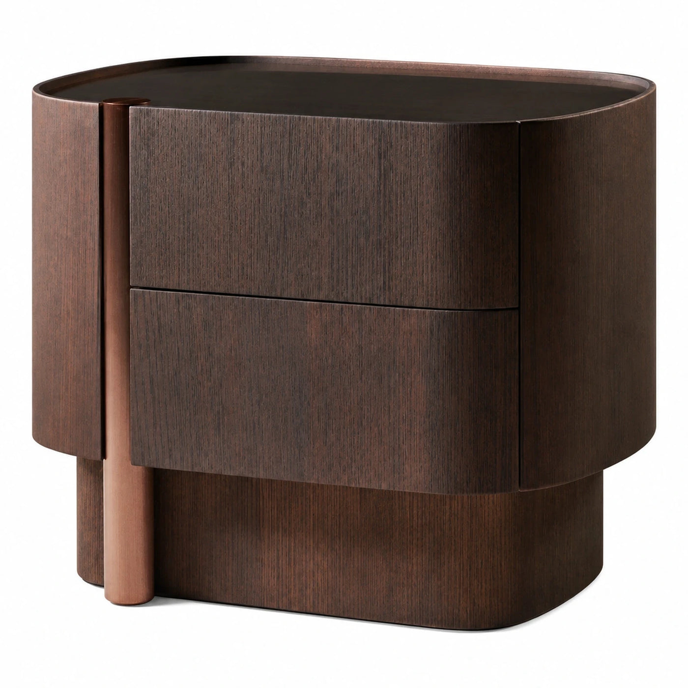 Dark Wood Oval Nightstand with Copper Handle
