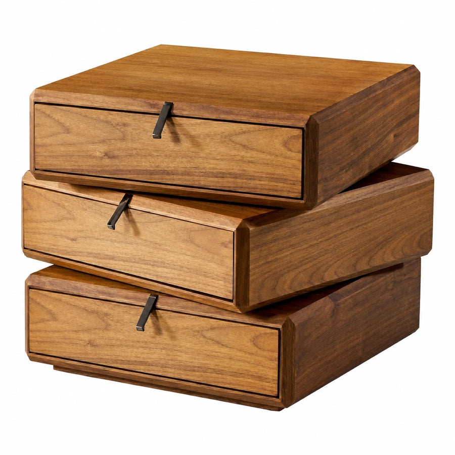 Wooden Three-Drawer Nightstand with Black Handles