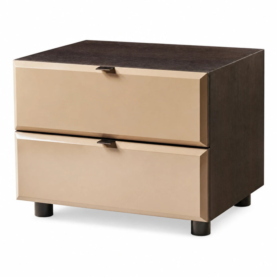 Two-Drawer Nightstand with Beige Lacquer and Dark Wood Top