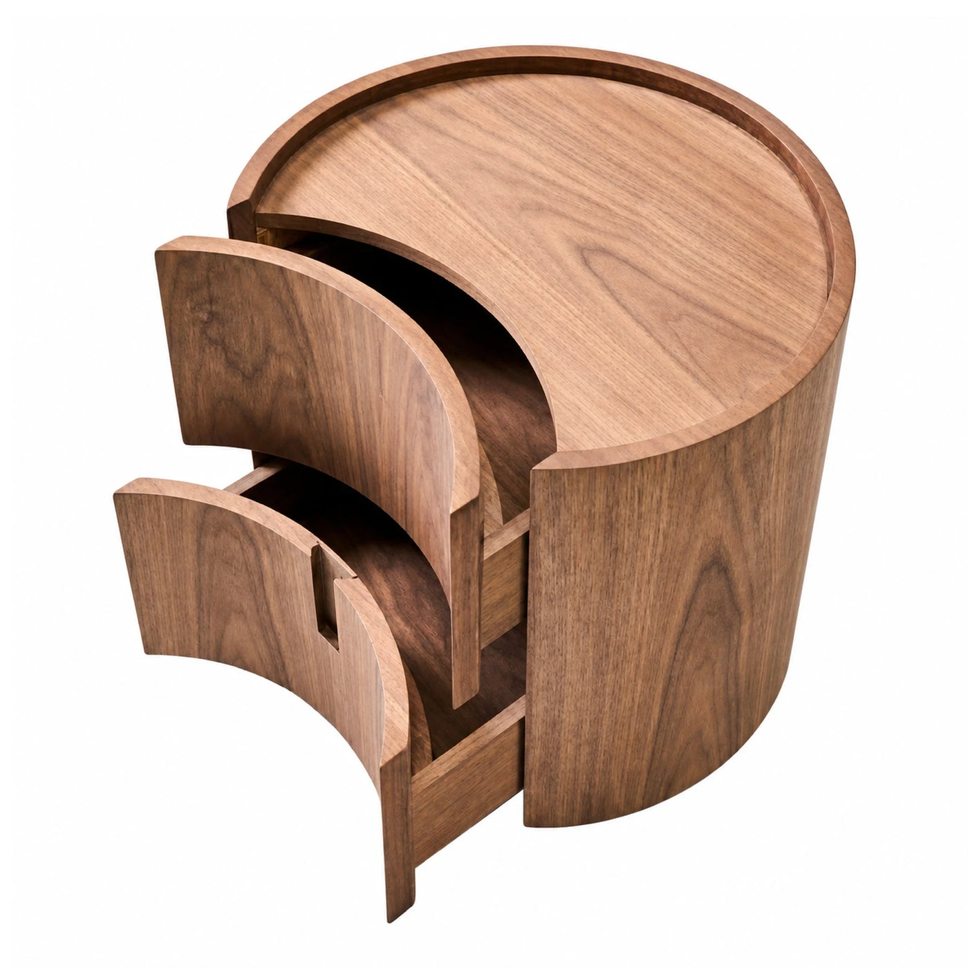 Round Wooden Side Table with Curved Drawers