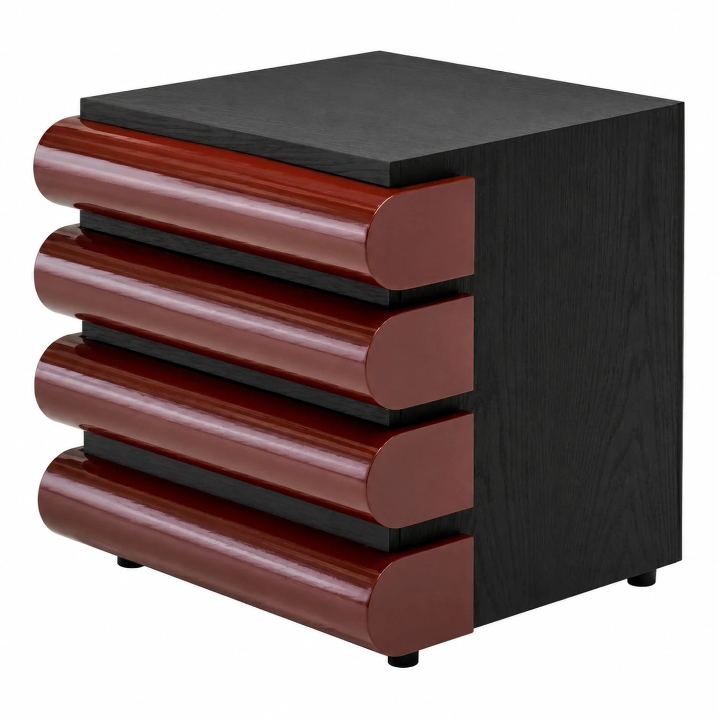 Black and Red Ribbed Nightstand with Glossy Drawers